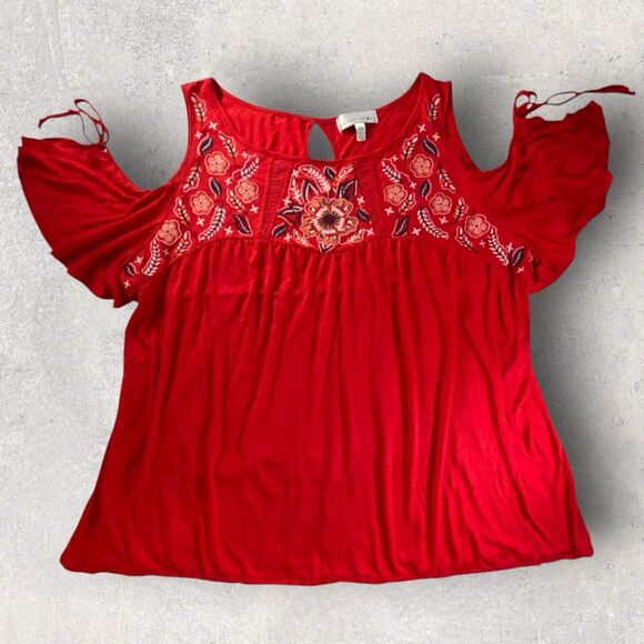 Kelly Renee Bohemian Red Embroidered Tie Cold Shoulder Peasant Tunic Blouse 3X - Picture 1 of 9